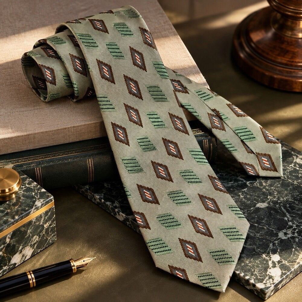 Ermenegildo Zegna Silk Tie Green Brown Geometric Diamond Made Italy 58”